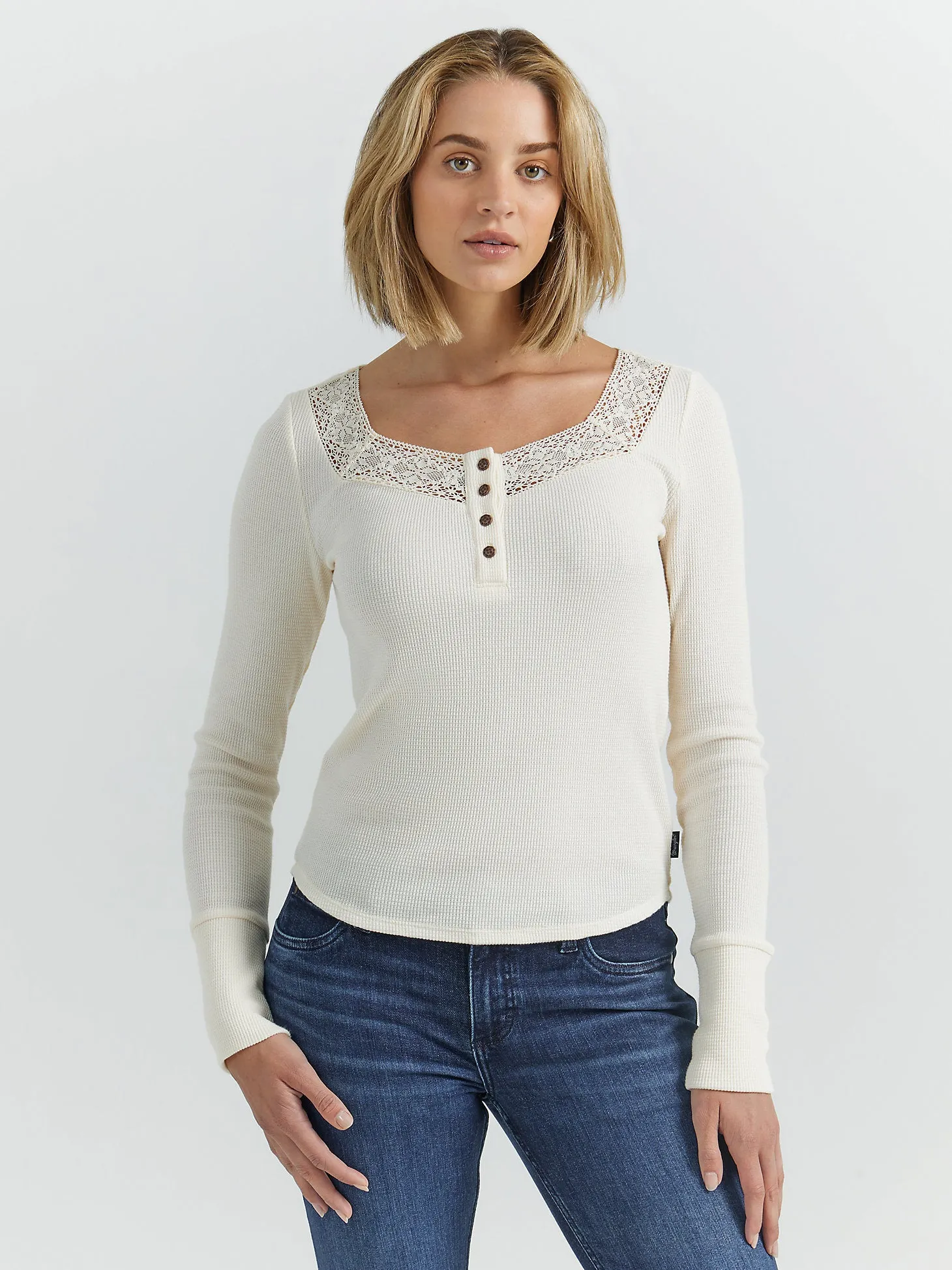 Women's Lace Waffle Henley - Cream