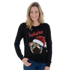 Womens Novelty Sequin Santa Pug HO HO HO Christmas Jumper