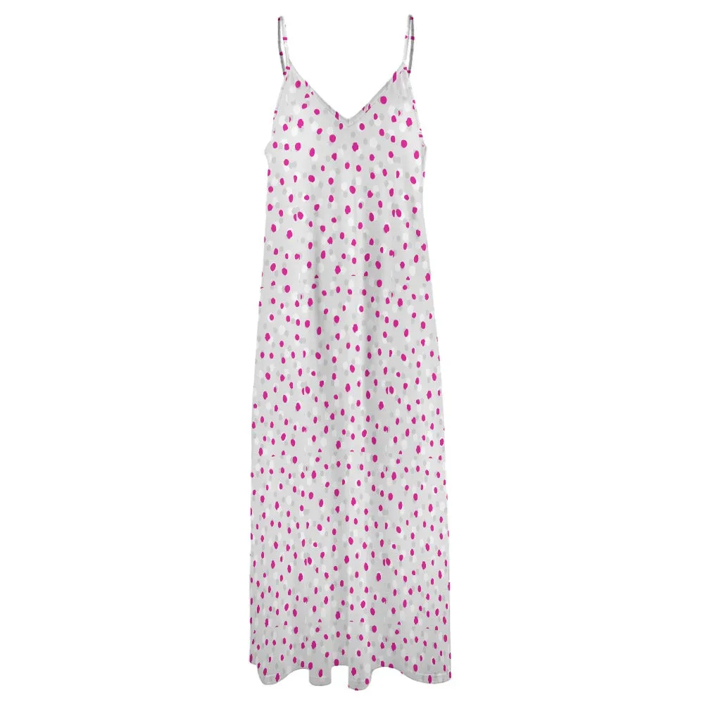 Women's Polka Dot Spotty All Over Print Ankle Long Length Spaghetti Strap Stretchy Sundress Casual Fashion Dress All Sizes Plus Size