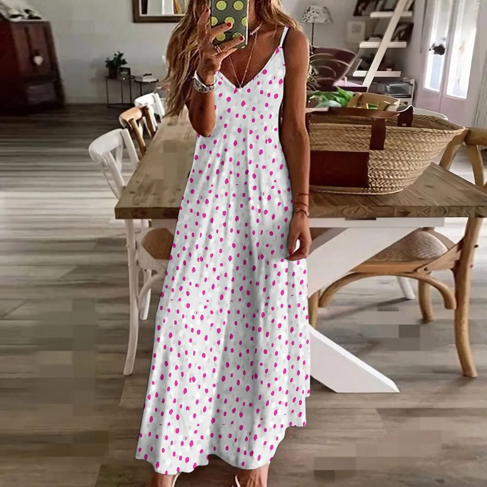 Women's Polka Dot Spotty All Over Print Ankle Long Length Spaghetti Strap Stretchy Sundress Casual Fashion Dress All Sizes Plus Size