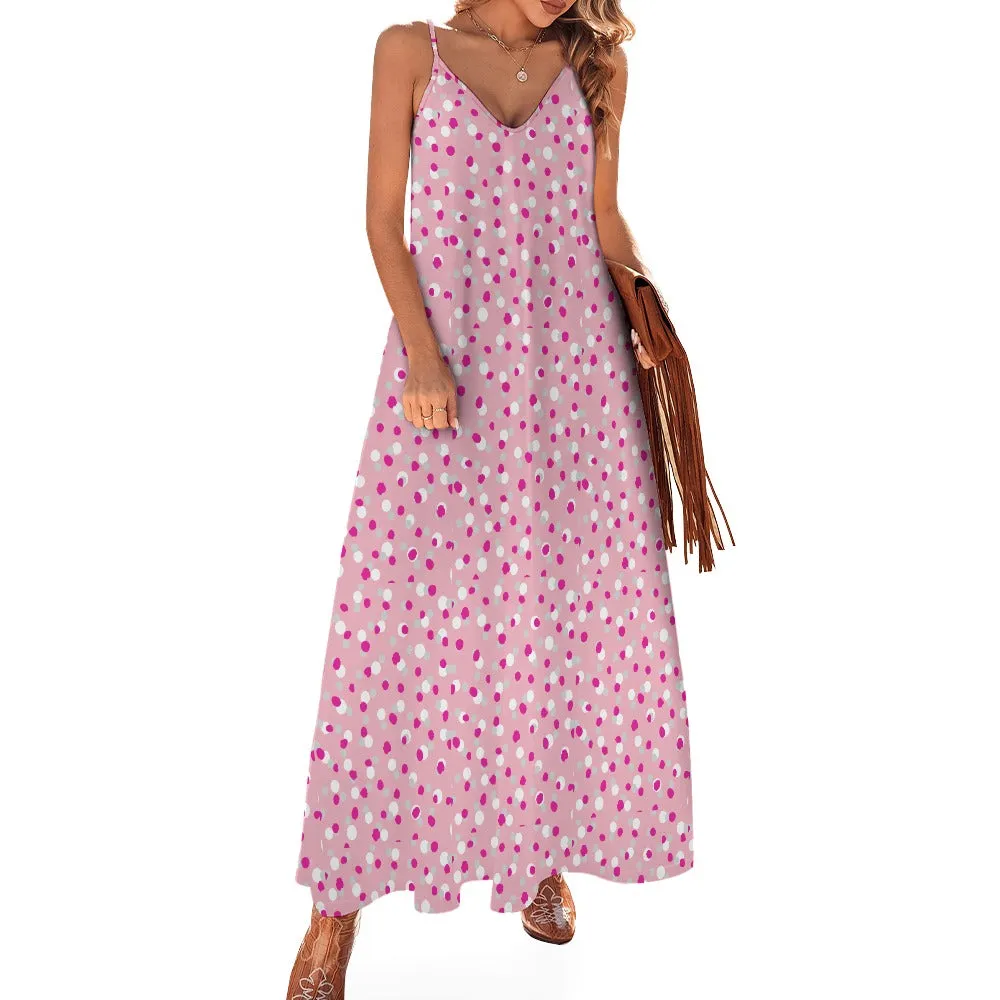 Women's Polka Dot Spotty All Over Print Ankle Long Length Spaghetti Strap Stretchy Sundress Casual Fashion Dress All Sizes Plus Size