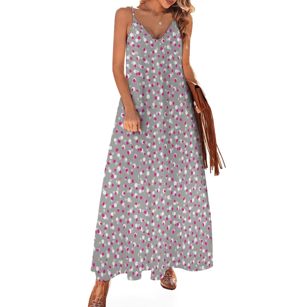 Women's Polka Dot Spotty All Over Print Ankle Long Length Spaghetti Strap Stretchy Sundress Casual Fashion Dress All Sizes Plus Size