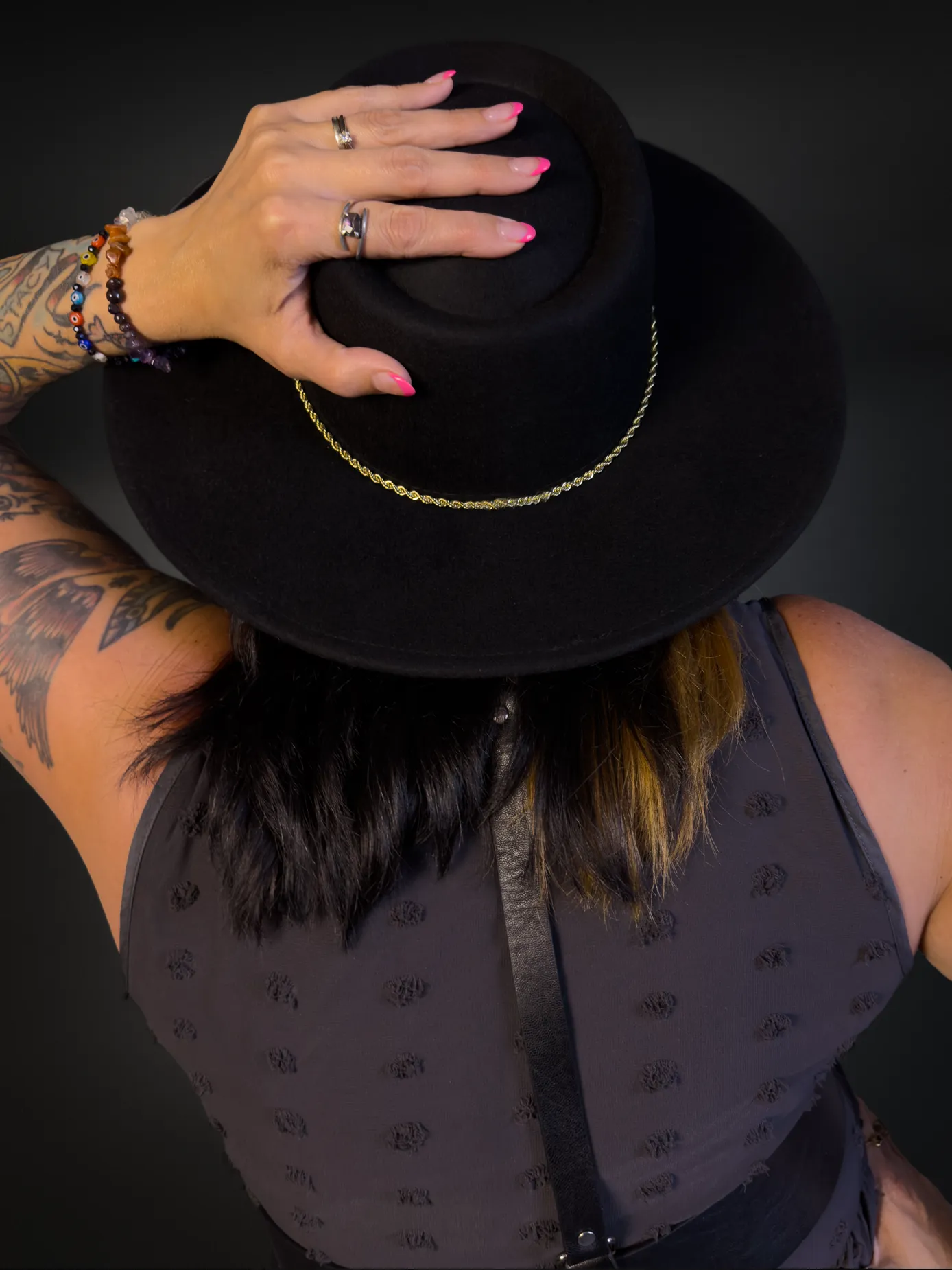 Wool Wide Brim Punk / Goth Style Pork Pie Hat with Gold Chain Detail