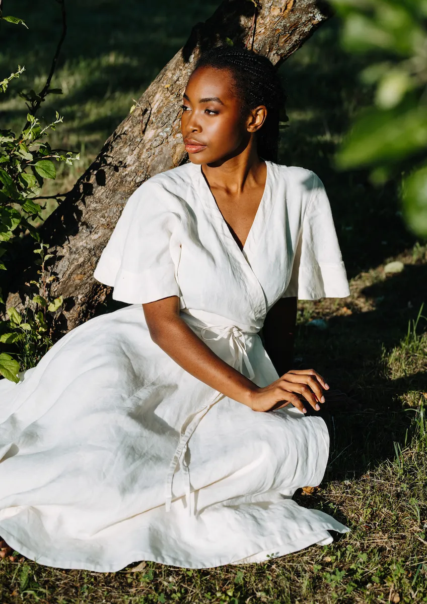 Wrap Dress, Butterfly Sleeve, Hemp, Milky White