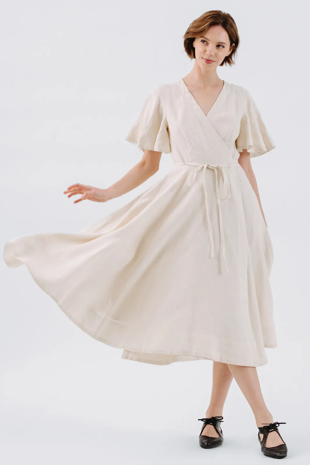 Wrap Dress, Butterfly Sleeve, Hemp, Milky White