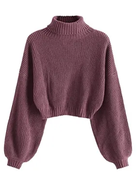 ZAFUL Women's Cropped Turtleneck Sweater Lantern Sleeve Ribbed Knit Pullover Sweater Jumper (2-Purple, M)