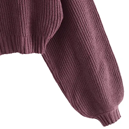 ZAFUL Women's Cropped Turtleneck Sweater Lantern Sleeve Ribbed Knit Pullover Sweater Jumper (2-Purple, M)