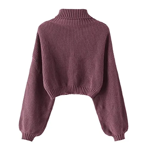 ZAFUL Women's Cropped Turtleneck Sweater Lantern Sleeve Ribbed Knit Pullover Sweater Jumper (2-Purple, M)